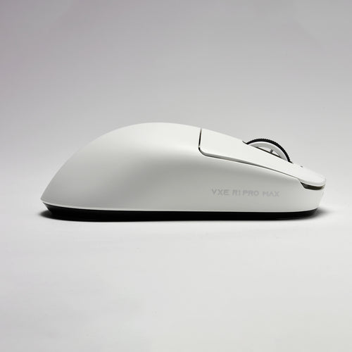 White VXE R1 Pro Max wireless mouse with a sleek, ergonomic design on a white background.
