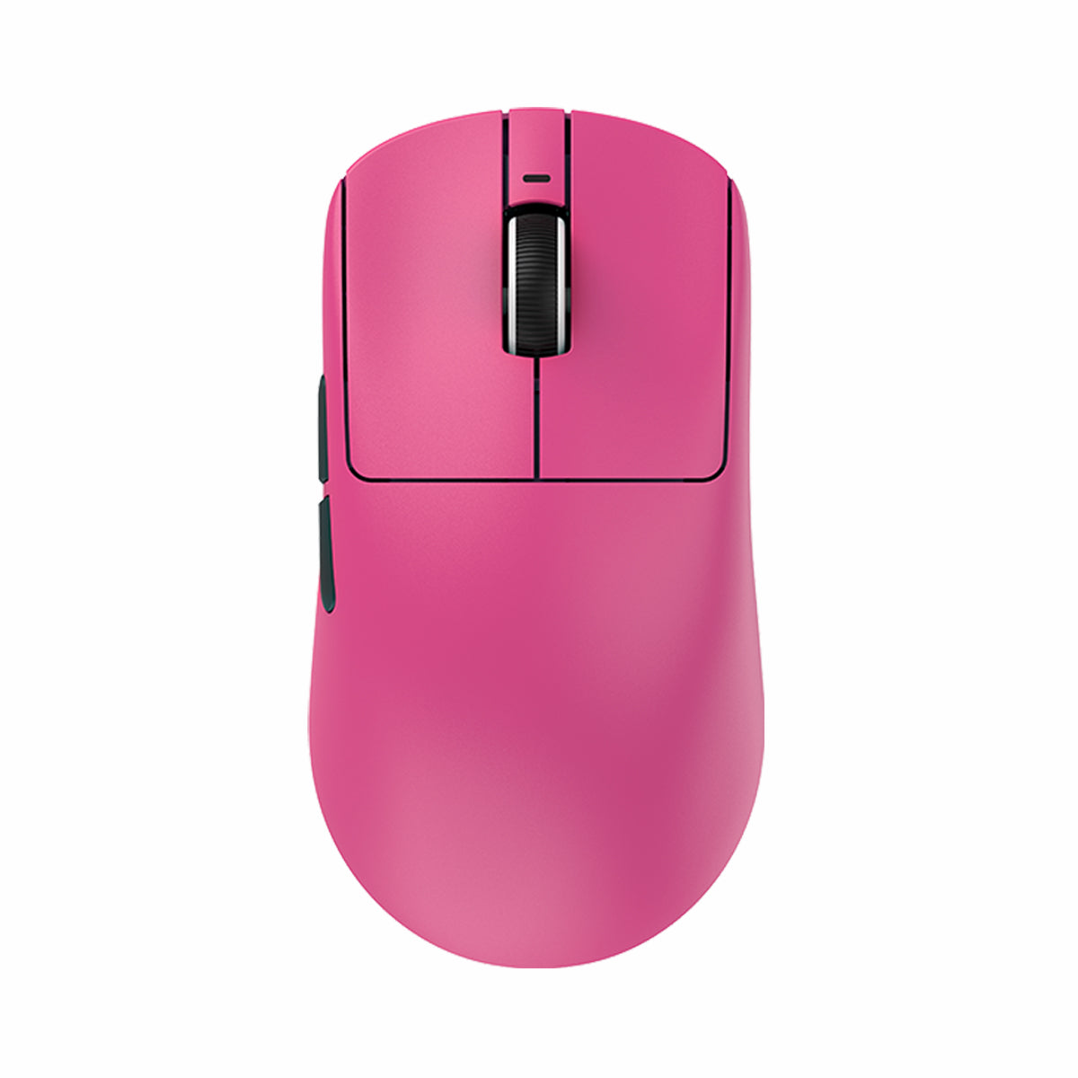 VXE Dragonfly R1 Series wireless mouse in blush pink with black scroll wheel and side buttons.