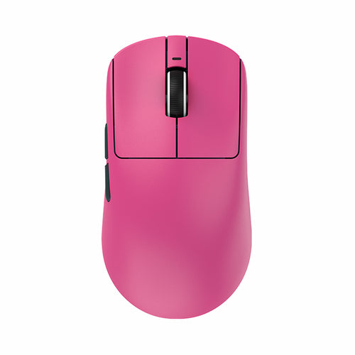 VXE Dragonfly R1 Series wireless mouse in blush pink with black scroll wheel and side buttons.