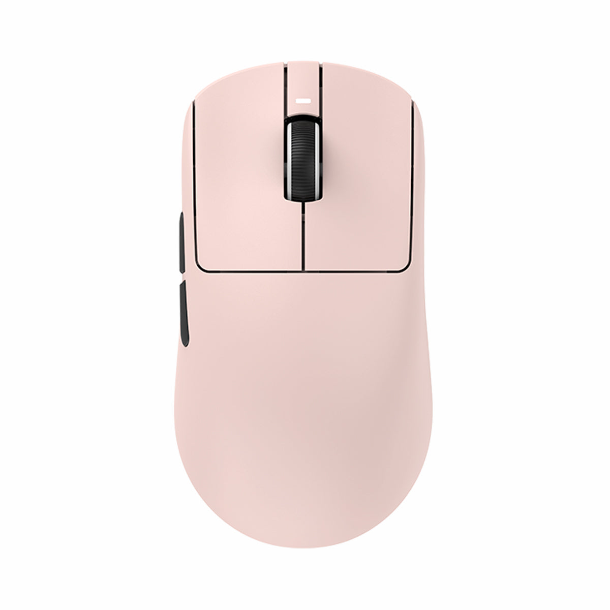 VXE Dragonfly R1 Series wireless gaming mouse in Sakura Pink with a textured scroll wheel.