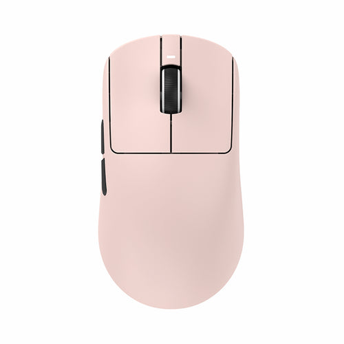 VXE Dragonfly R1 Series wireless gaming mouse in Sakura Pink with a textured scroll wheel.
