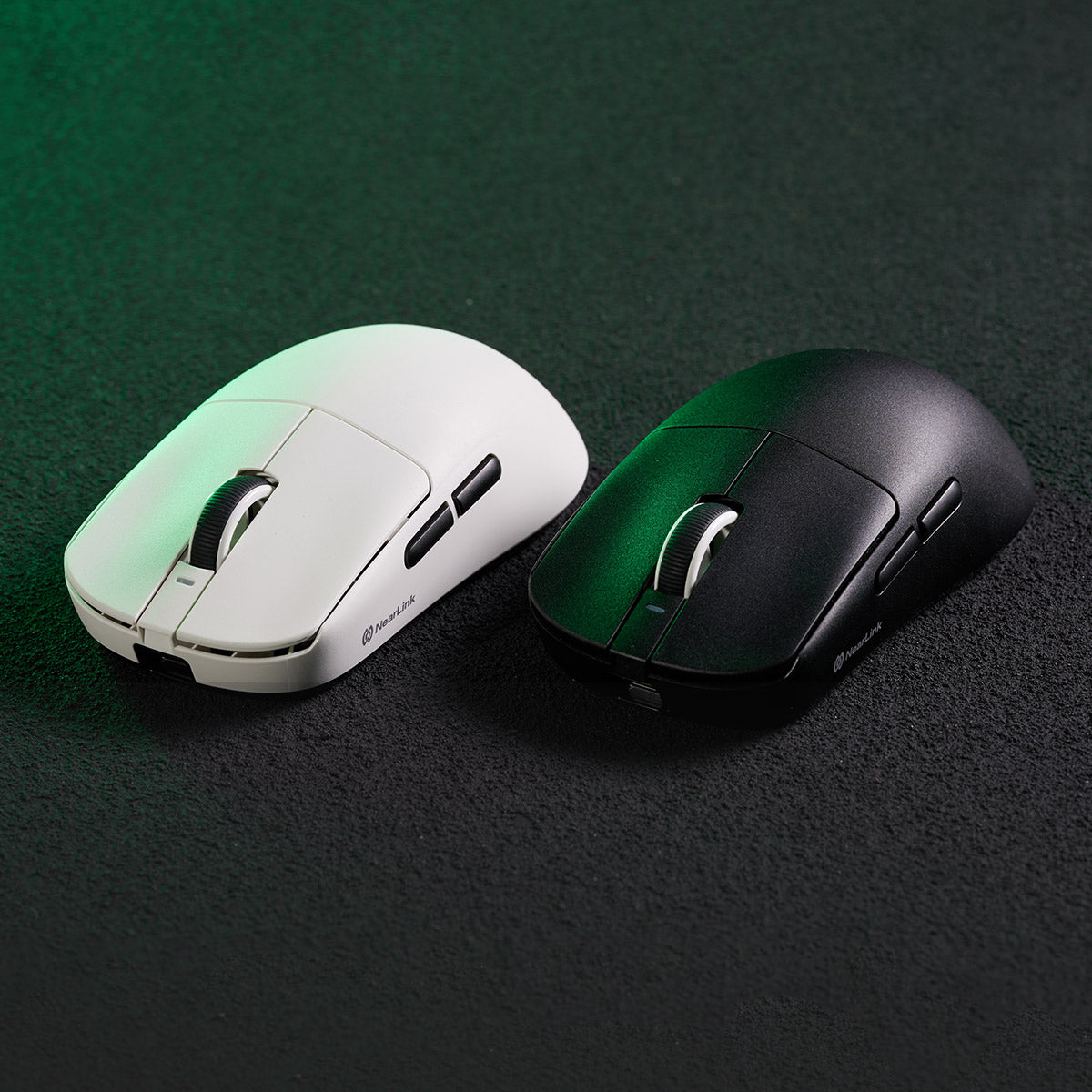 VXE Dragonfly R1 Series wireless mice in white and black, featuring illuminated scroll wheels. Lightweight, ergonomic design.