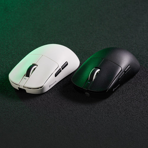 VXE Dragonfly R1 Series wireless mice in white and black, featuring illuminated scroll wheels. Lightweight, ergonomic design.