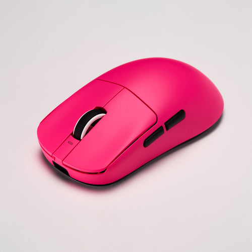 VXE Dragonfly R1 wireless gaming mouse in vibrant pink, featuring a textured scroll wheel and side buttons.