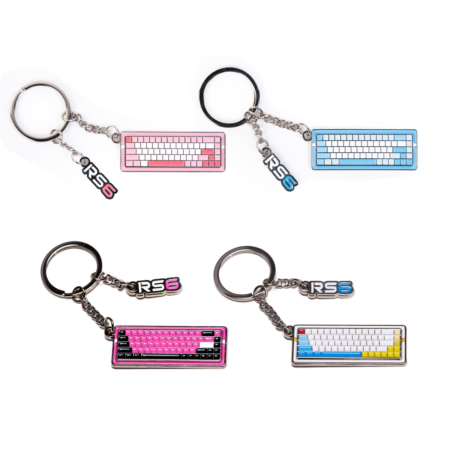 ATK RS6 mini metal keyboard keychain with pink, blue, and multicolor designs