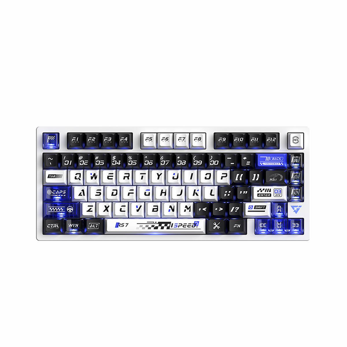 White ATK RS7 eSports Hall Effect TKL keyboard with racing design keycaps, blue LED lighting, and "iSPEED" branding.