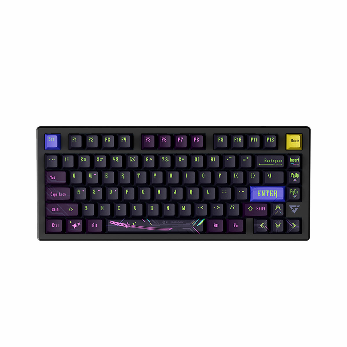ATK RS7 eSports keyboard with CNC aluminum case, rainbow accents, and "Rainbow" text.