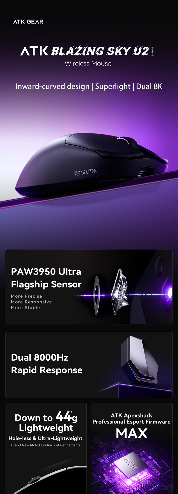 Atk U2 ultra blazing sky 烈空　ホワイト　44g 8k ATK Blazing Sky U2 Series | Lightweight Wireless Gaming