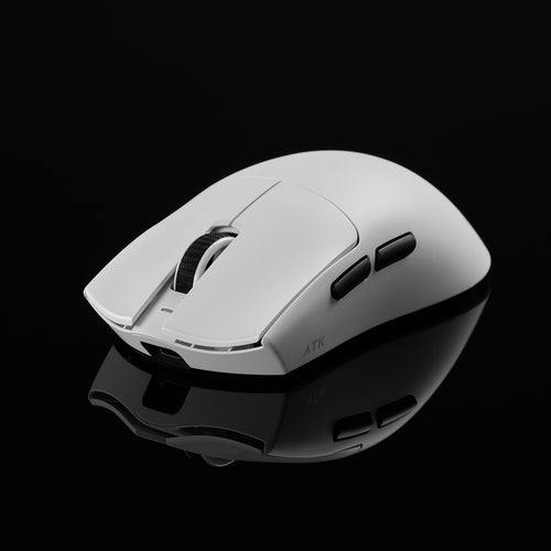 White ATK Blazing Sky X1 Series wireless gaming mouse with black buttons & scroll wheel, on black reflective surface.