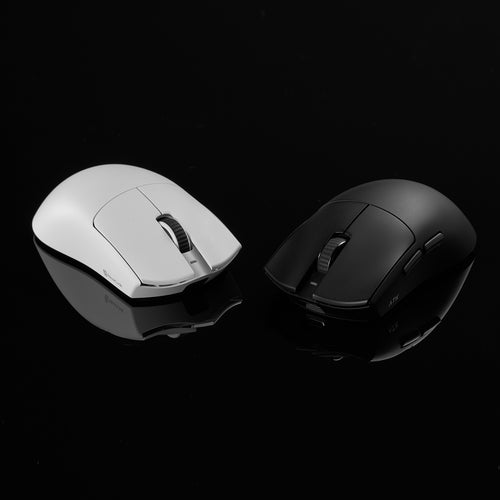ATK Blazing Sky X1 Series wireless mouse in black and white, showcasing its ergonomic design and scroll wheel.