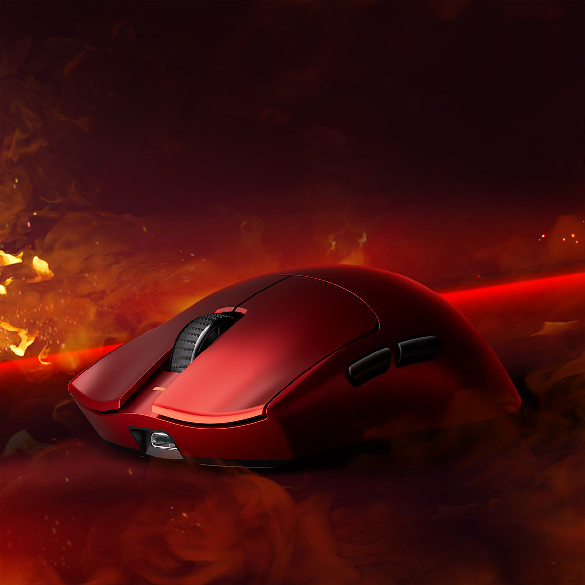 ATK Blazing Sky X1 Series wireless mouse in metallic red with a textured scroll wheel and side buttons.