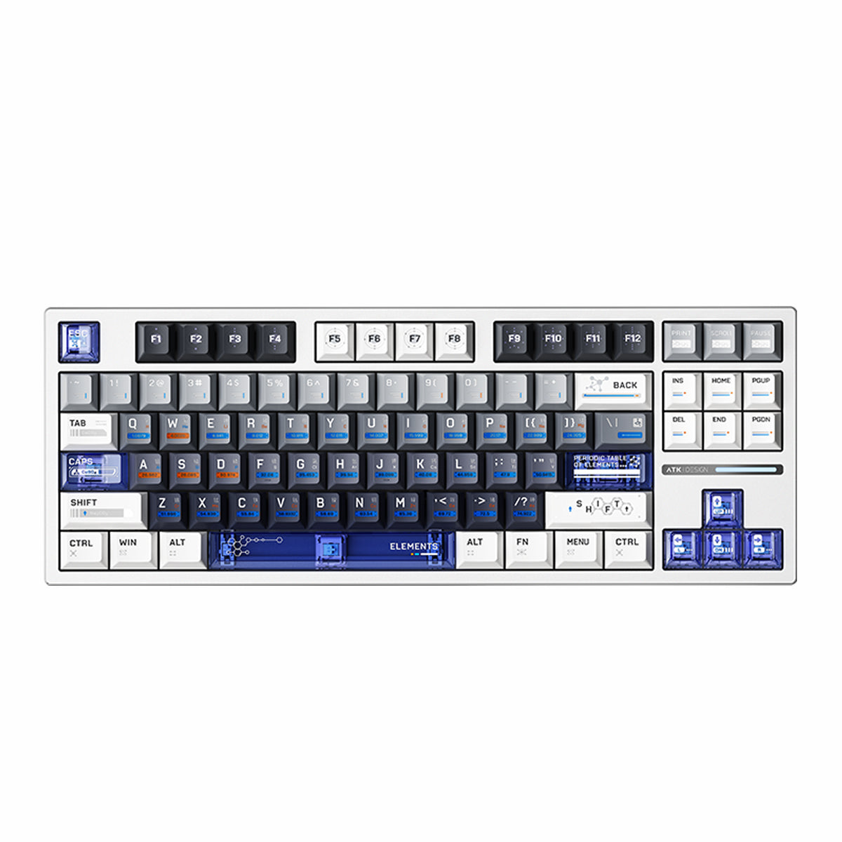 ATK Z87 Wireless Mechanical Keyboard with silver aluminum top case and periodic table themed keycaps.