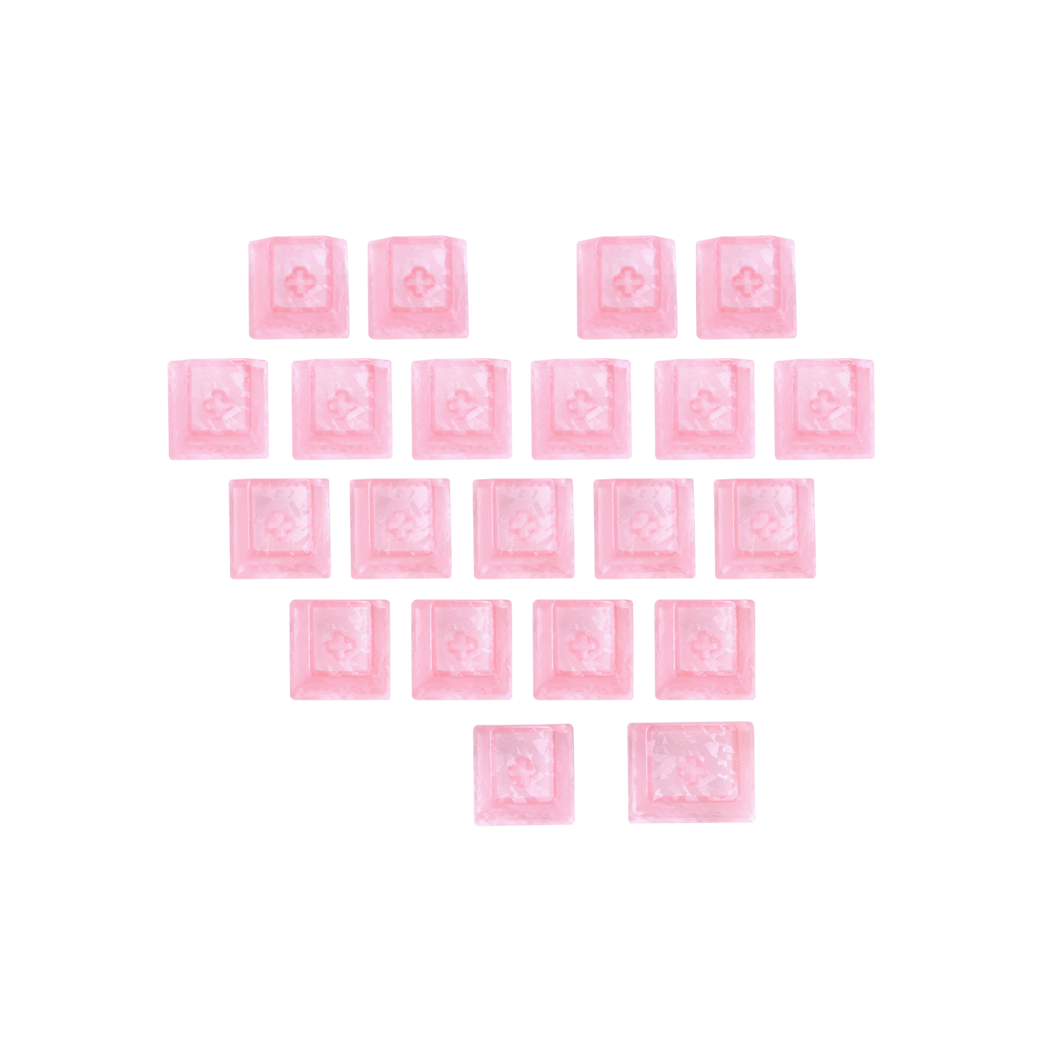 Translucent pink acrylic square embellishments with embossed floral pattern, arranged in a heart shape.