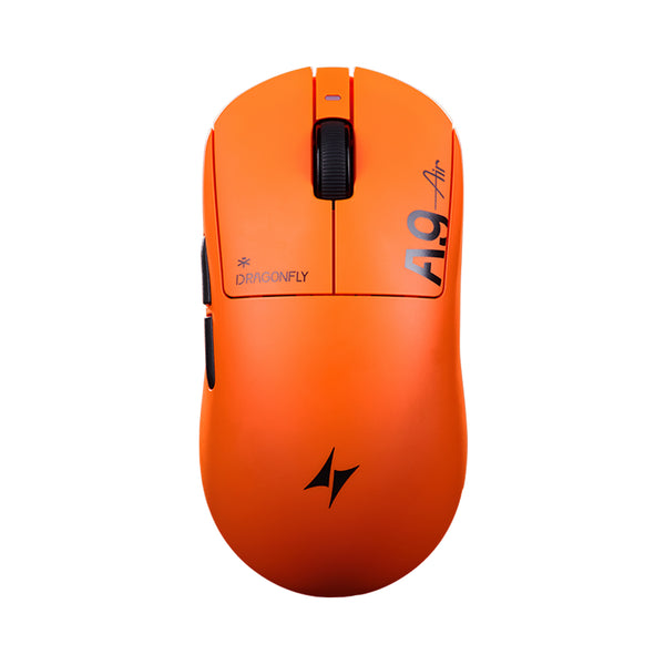 ATK Dragonfly A9 Air lightweight wireless mouse in bright orange with black scroll wheel and buttons.