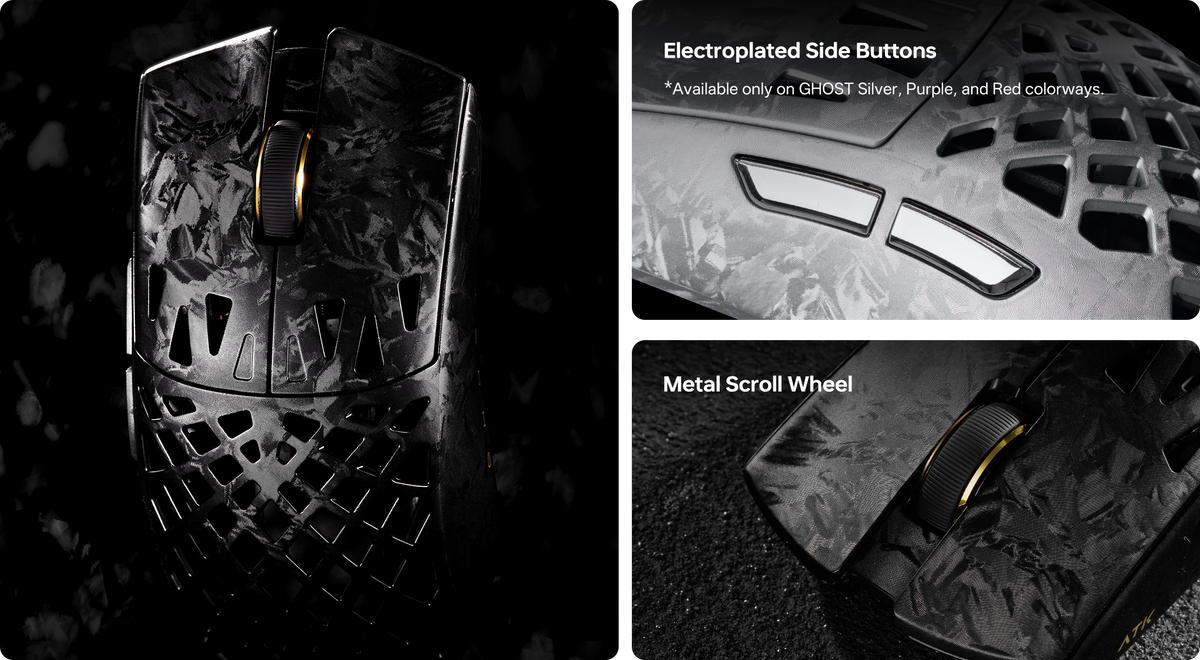 Black and silver ATK GHOST shell texture, metal scroll wheel and silver side-button details