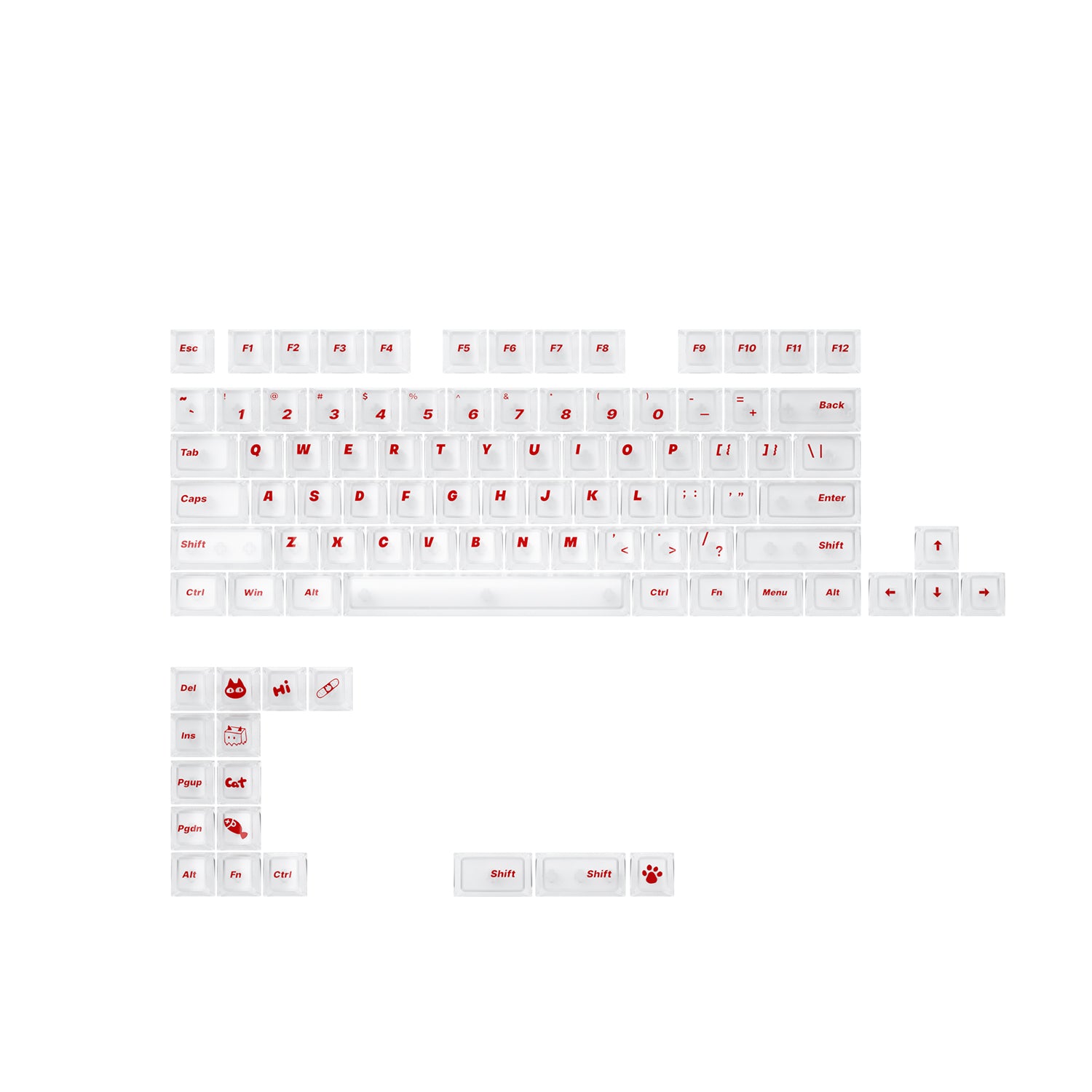 White PBT keycaps with red legends and cat novelty designs