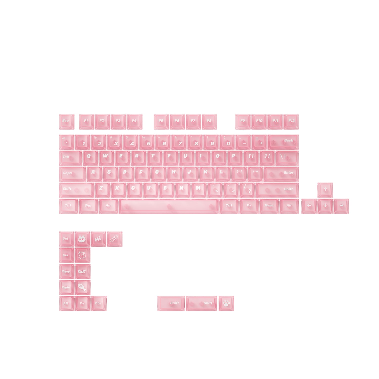 Pink translucent keycap set for mechanical keyboard with cute icons, QWERTY layout, F keys, numbers, and modifiers.