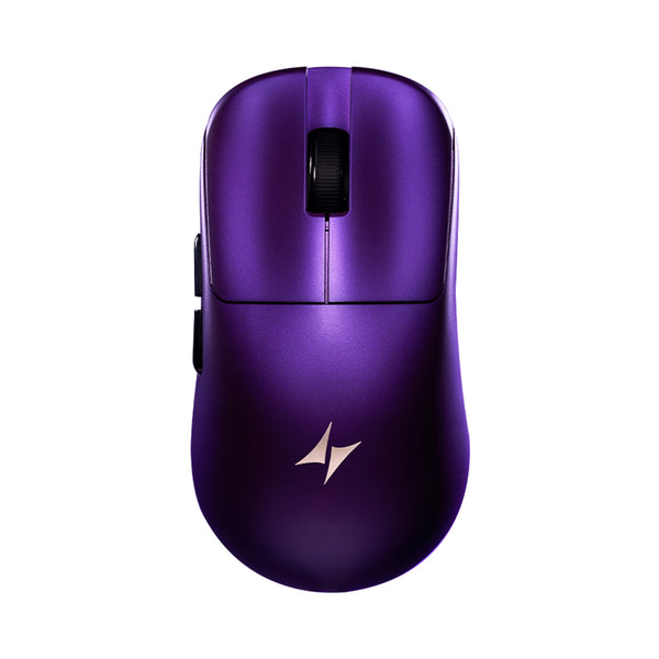 ATK Blazing Sky Duckbill wireless mouse in vibrant purple with a lightning bolt logo.