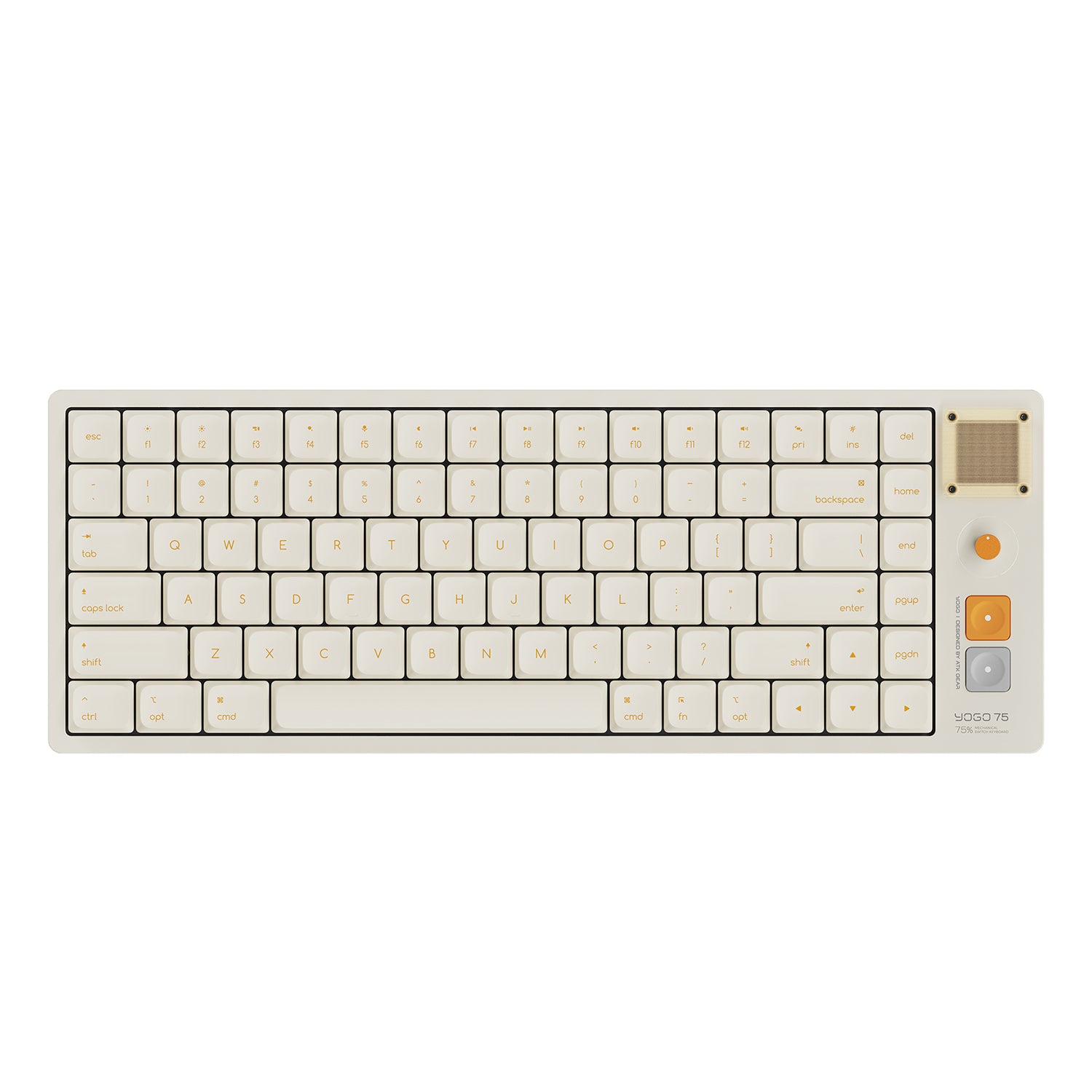 Cream-colored YODO 75 75% mechanical keyboard with a retro design, featuring a gold knob and a textured speaker grille.