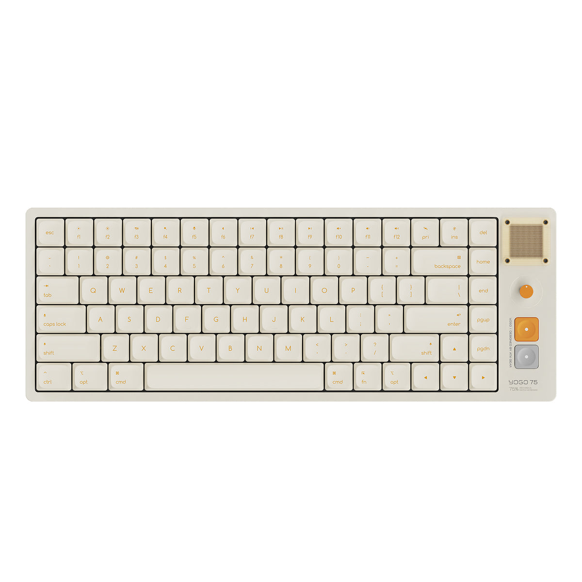 Cream-colored YODO 75 75% mechanical keyboard with a retro design, featuring a gold knob and a textured speaker grille.
