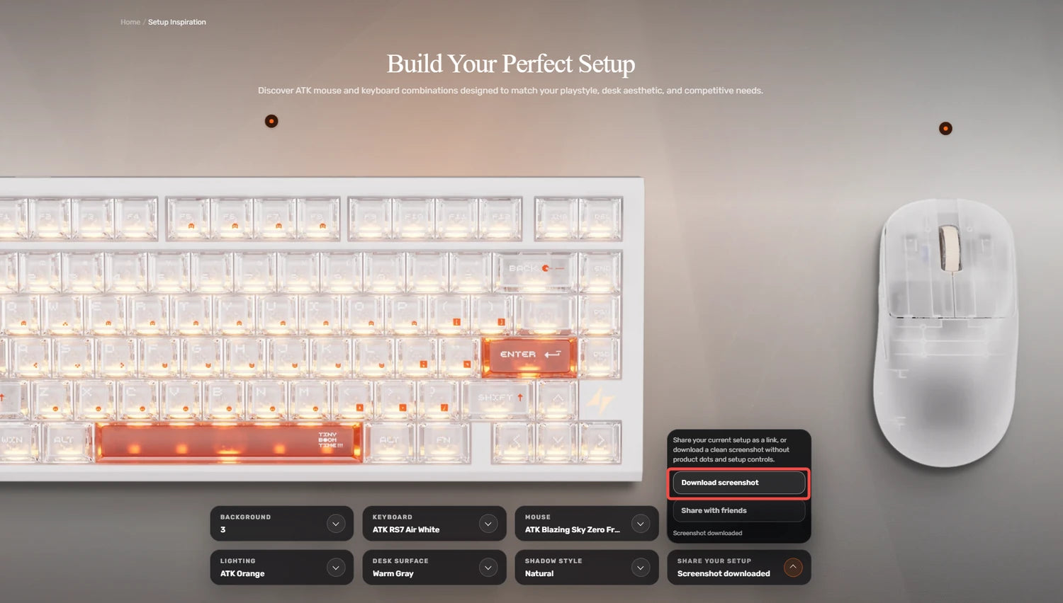 Setup Inspiration builder showing the finished desk setup and screenshot download control